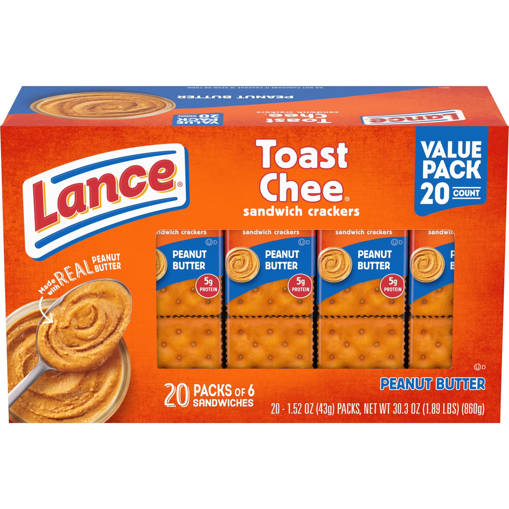 (3PACK)Lance Sandwich Crackers, ToastChee Peanut Butter, 20 Individually Wrapped