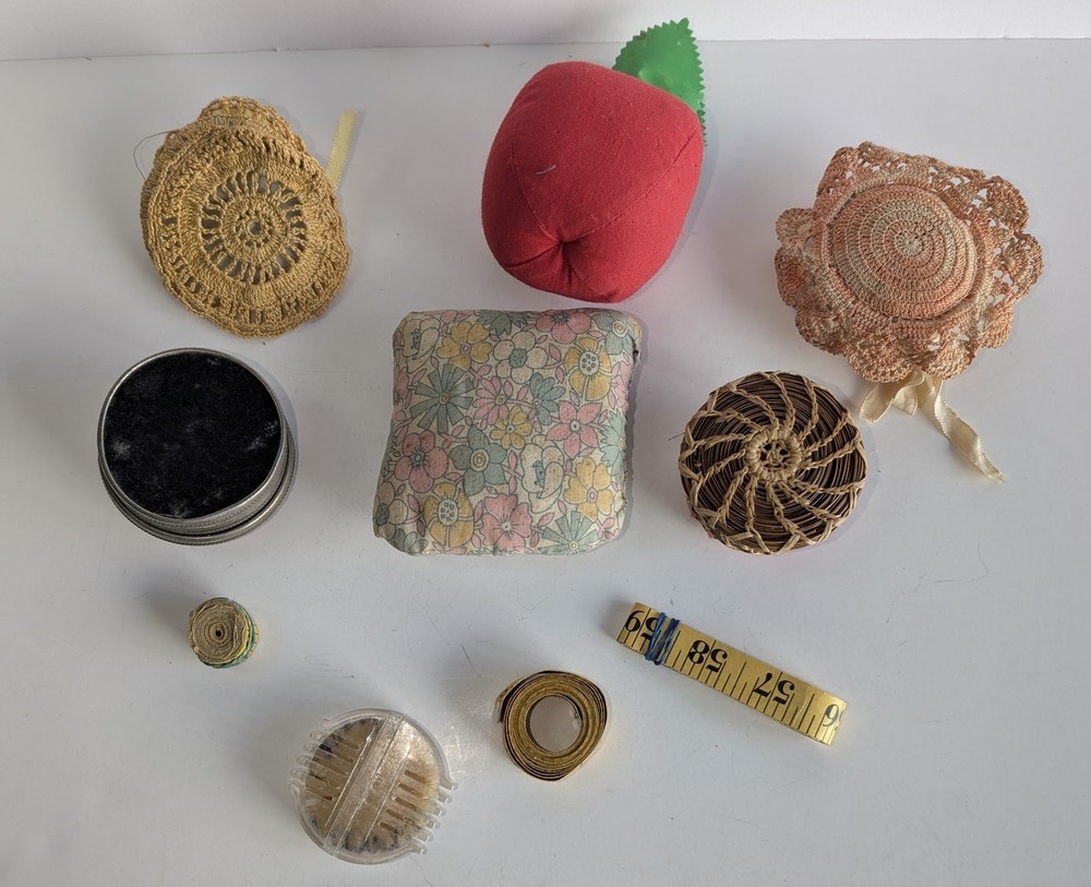 Vintage Pin Cushion Lot Apple Crochet Tin