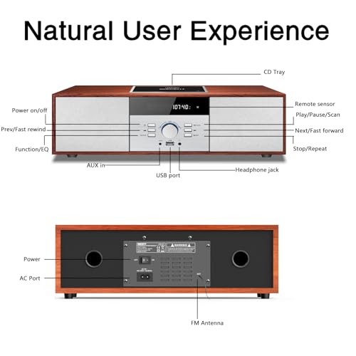 Nostalgic Bluetooth Stereo System for Home, Vintage Micro HiFi Brown CD Player