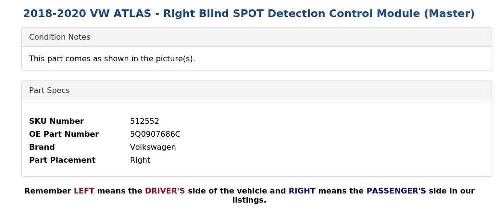 2018-2020 VW ATLAS - Right Blind SPOT Detection Control Module (Master)