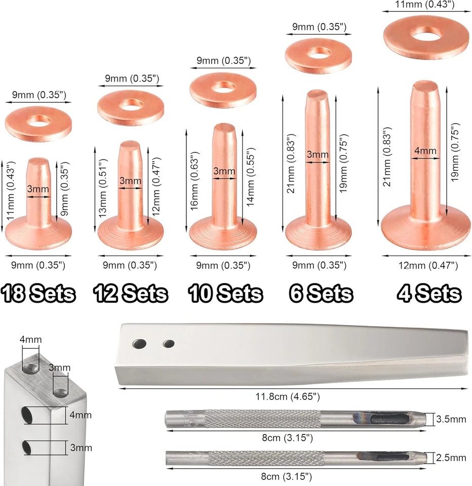 Notgia 50Sets Copper Rivets Assorted Leather Rivet Kit for Leather Working Brass