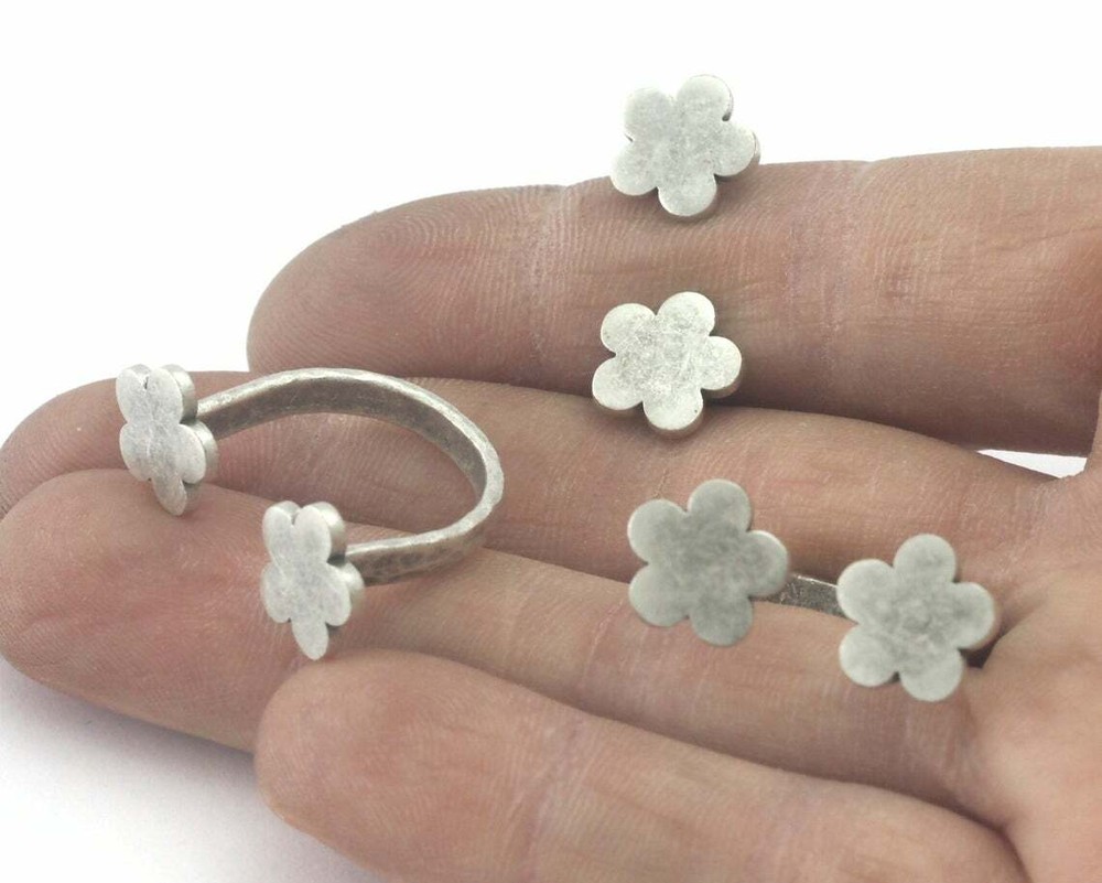 Flower Adjustable Ring Hammered Antique silver Brass Ring 6US 8US size Oz4179
