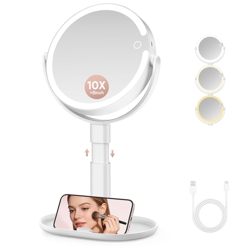 Lighted Makeup Mirror with 10X Magnification, Rechargeable LED Magnifying Van...