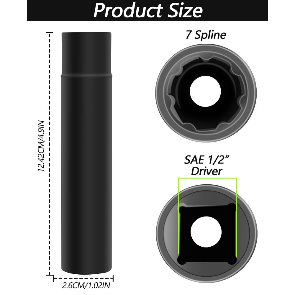 Spike Lug Nuts Socket Key with 7 Spline, Spiked Nut Full Size, Black