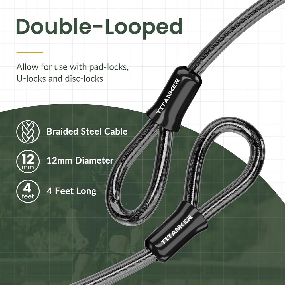 Bike Lock Cable,12mm Thick Security Cable with Loops (4ft)