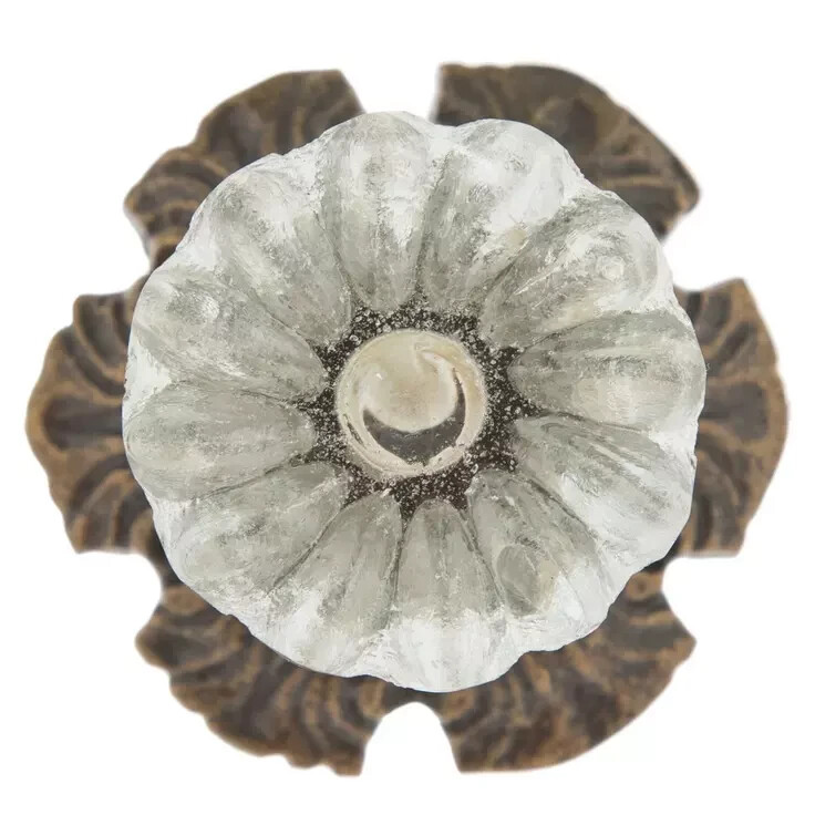 Vintage-Brass Metal Flower Crystal Clear Solid Glass bronzed Knob Handle pulls