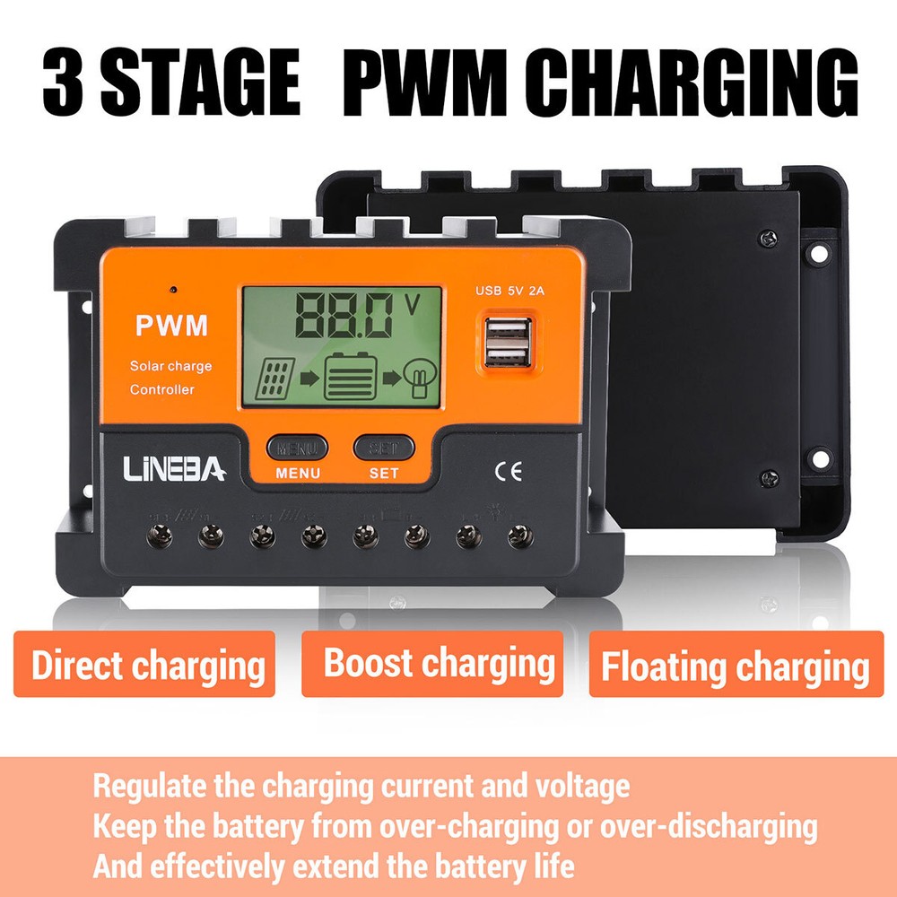 PWM Solar Panel Regulator Charge Controller 12V/24V/48V Auto Focus Tracking 2USB