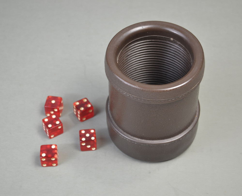 Vintage Brown Dice Cup with 5 Red Dice