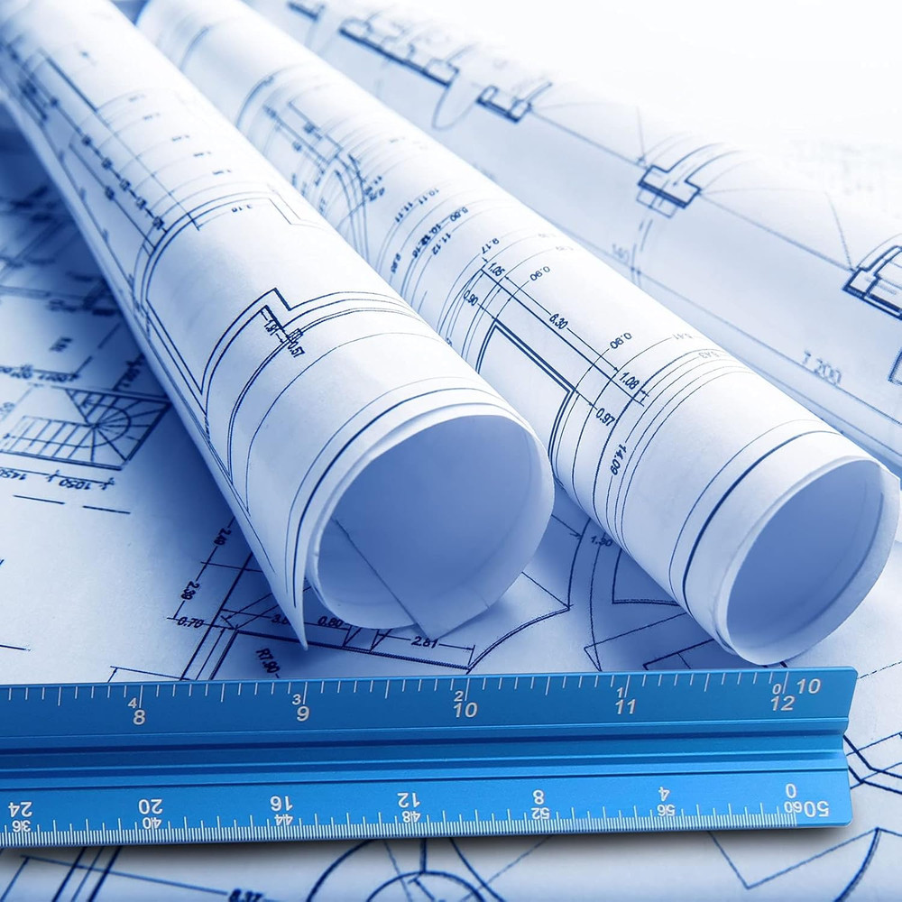 12 Inch Aluminum Engineer Scale Ruler Triangular Drafting Tool Blue Imperial