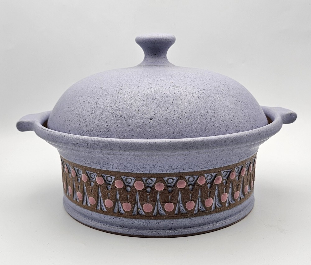 Signed Studio Pottery Dish w/ Lid ~ Unique Lavender Handled Dish & Dome Lid DWL