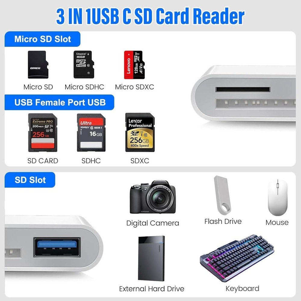 SD Card Reader for iPhone iPad, Built-in Lightning USB-C Dual ivory white