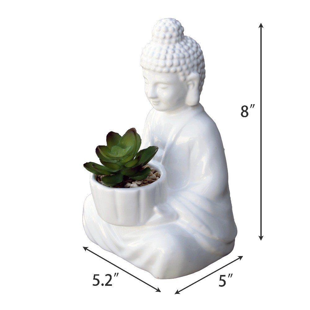 Artificial Succulent Arrangement in White Ceramic Planter with Buddha Design