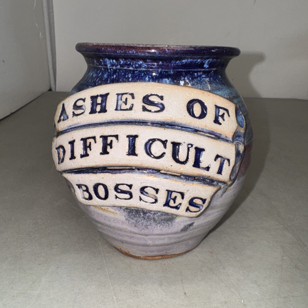 "Ashes of Difficult Bosses" Pottery Jar Stoneware Gift Blue Pot