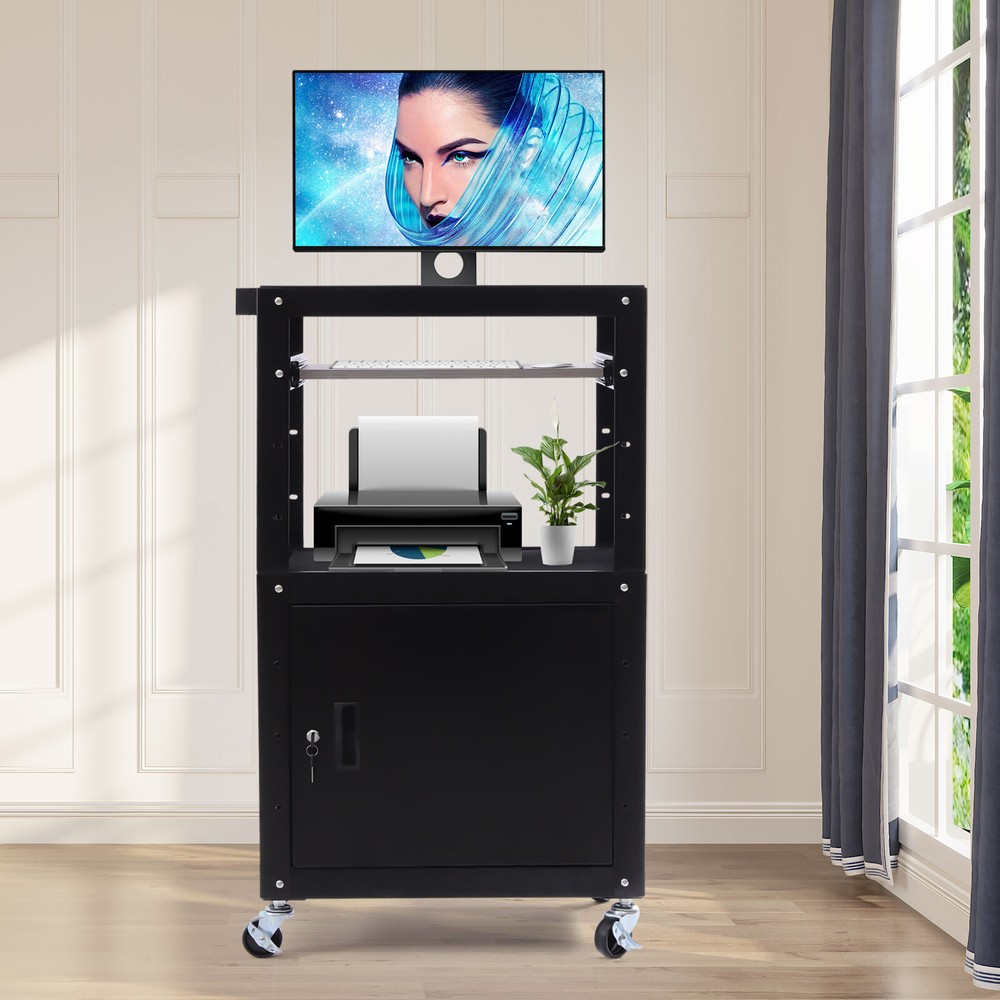 Portable Av Cart Multipurpose Rolling Small Office Laptop Table w/ Power Socket！