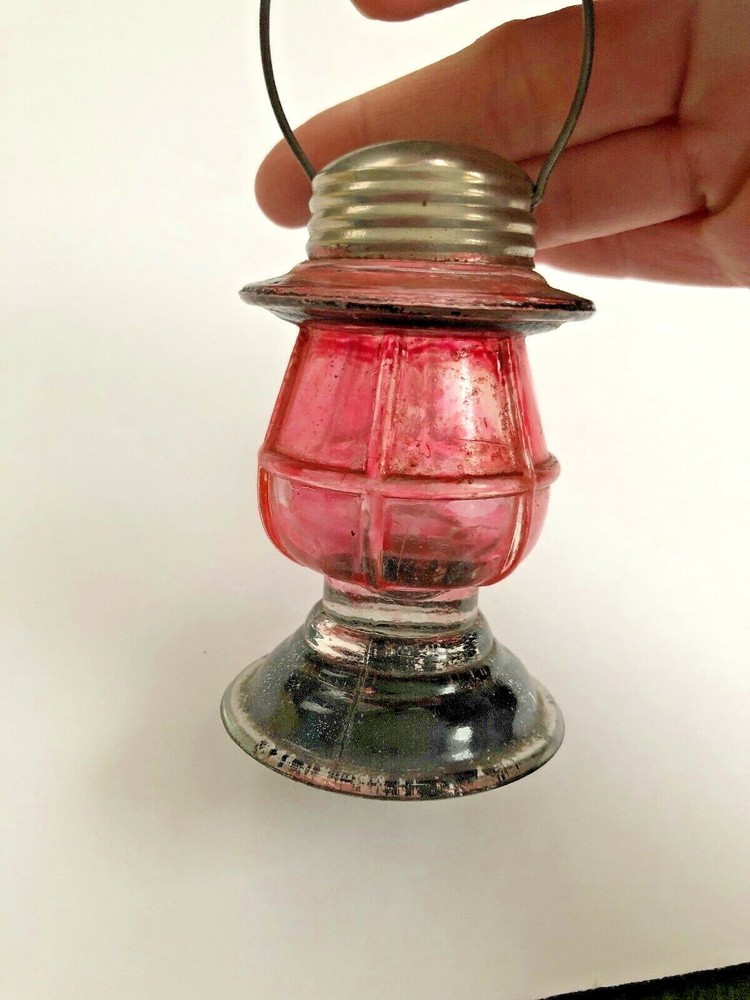 Vintage All Glass Base Candy Container Lantern With Metal Handle/Lid Cold Paint