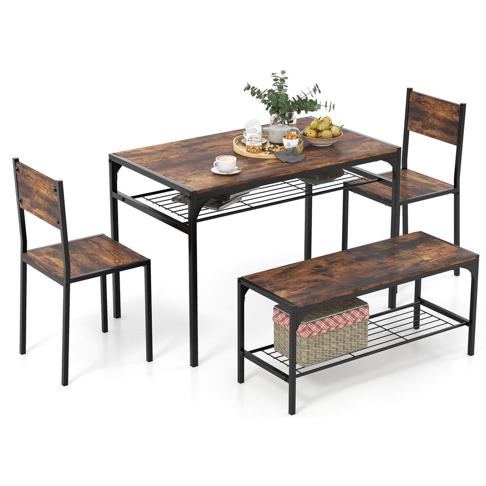 Dining Table Set for 4 Rectangular Table w/ 2 Chairs, 1 Bench, Storage Racks