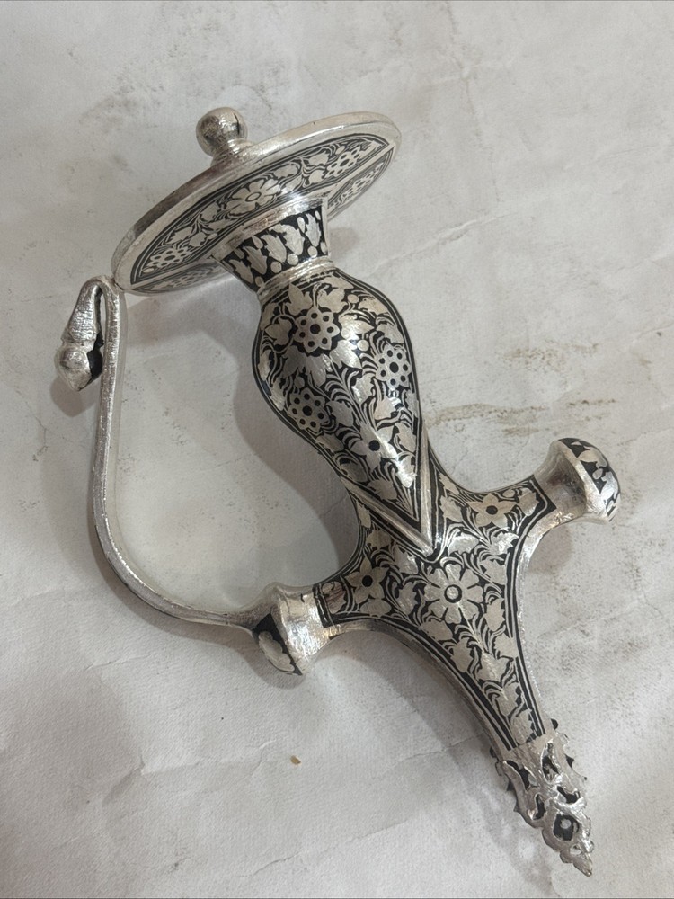 Hand Crafted Mughal Silver inlaid Iron Sword Talwar Handle