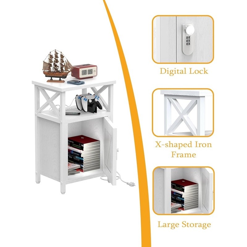 Nightstand W/ Lock USB Charging Station Large Storage Multi-Function Design