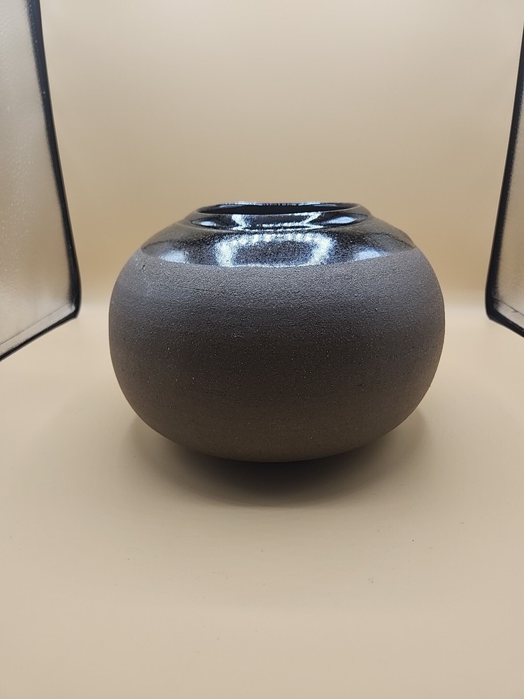 Hand Thrown Pottery Signed Brown Glaze Round Heavy