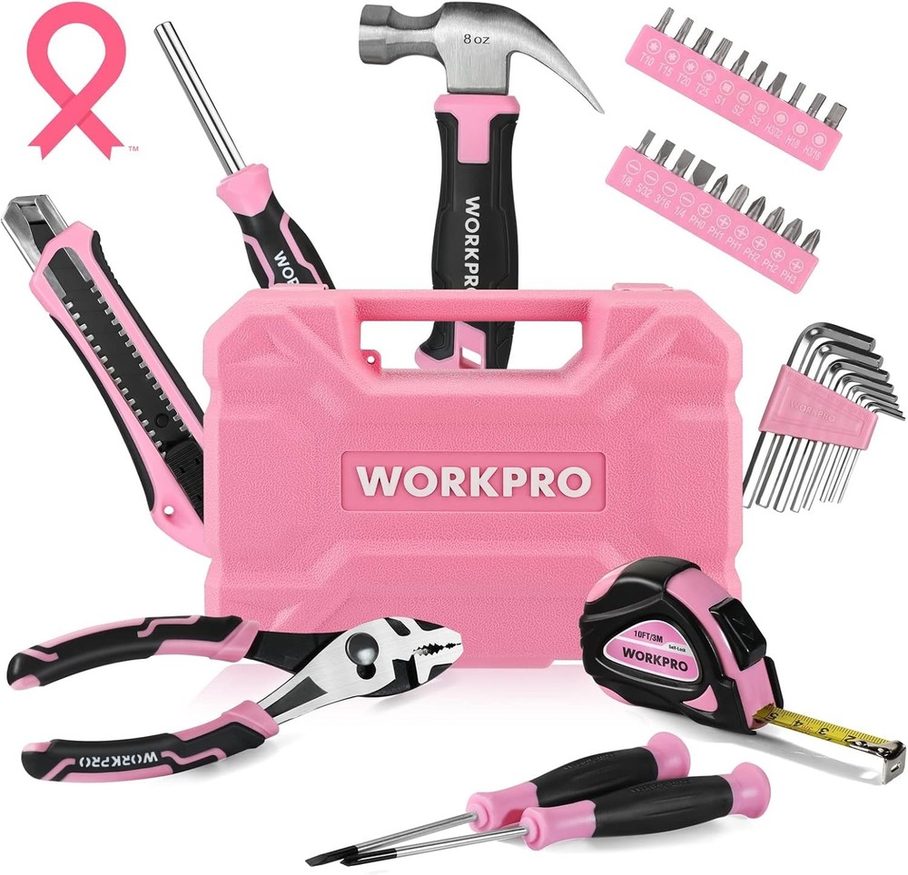 35-Piece Pink Tools Set, Household Tool Kit with Storage Toolbox, Basic Tool ...