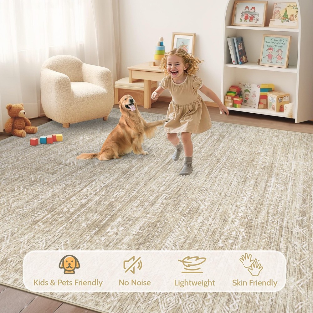 Washable Rug 5x7 Area Rugs: Modern Geometric 5' x 7' (Rectangular), Beige
