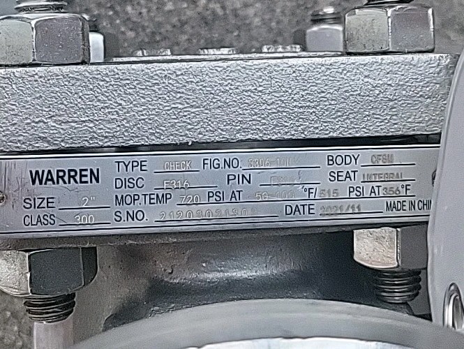 Warren Fig 3306 2" Class 300 Cast Stainless Swing Check Valve