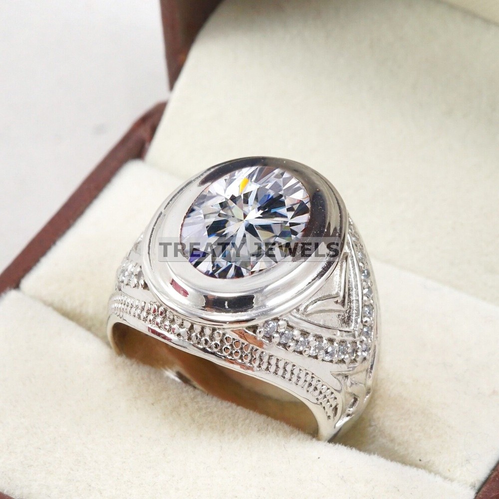 Moissanite Oval Cut Gemstone With 14K Solid White Gold Ring For Men's #B311