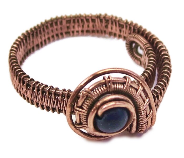 Lapis Lazuli Adjustable Ring, Woven in Copper Wire