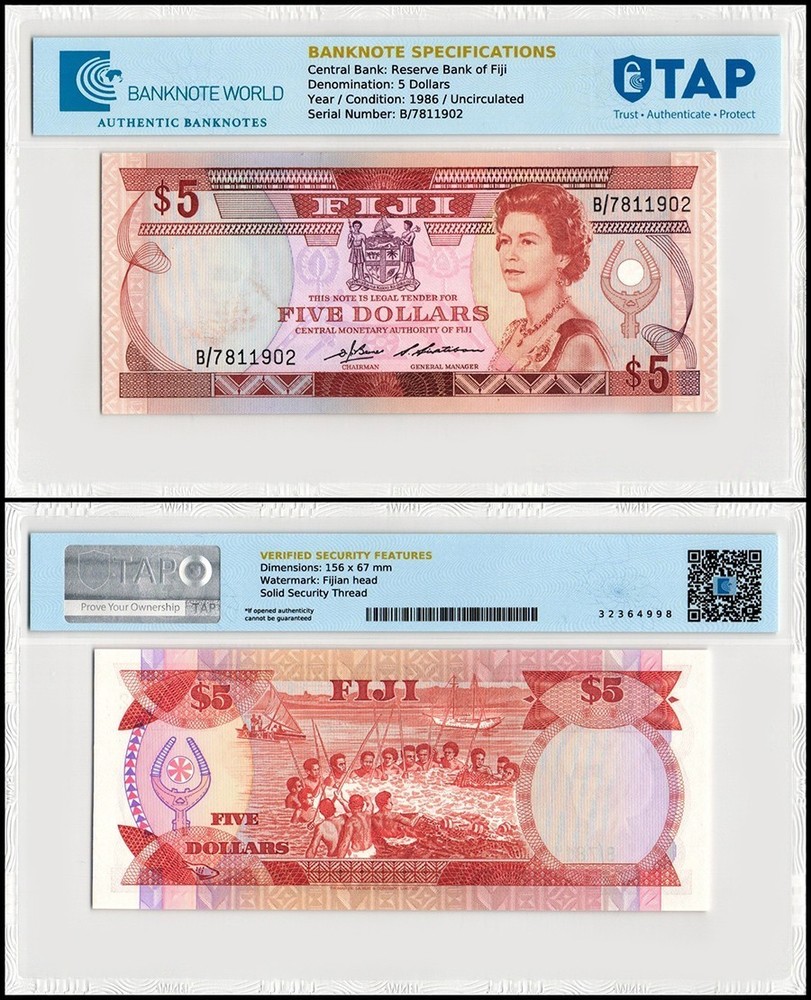 Fiji 5 Dollars, 1986 ND, P-83a, UNC, TAP Authenticated