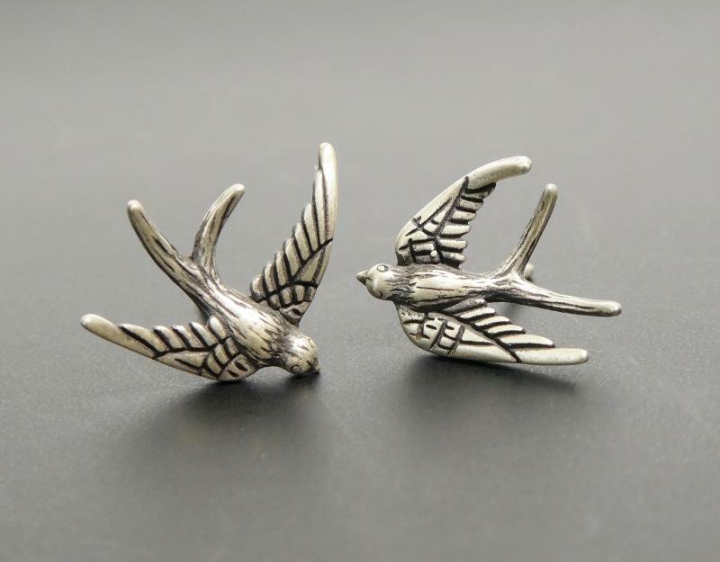 Unique Handmade Sterling Silver Small Flying Swallow Birds Post Stud Earrings
