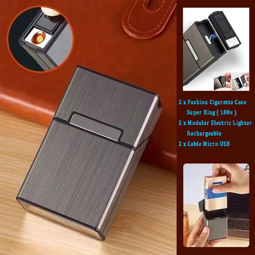 Cigarette Case with Lighter 100'S King Size 20Pcs Cigarettes 2 Pack Rechargeable