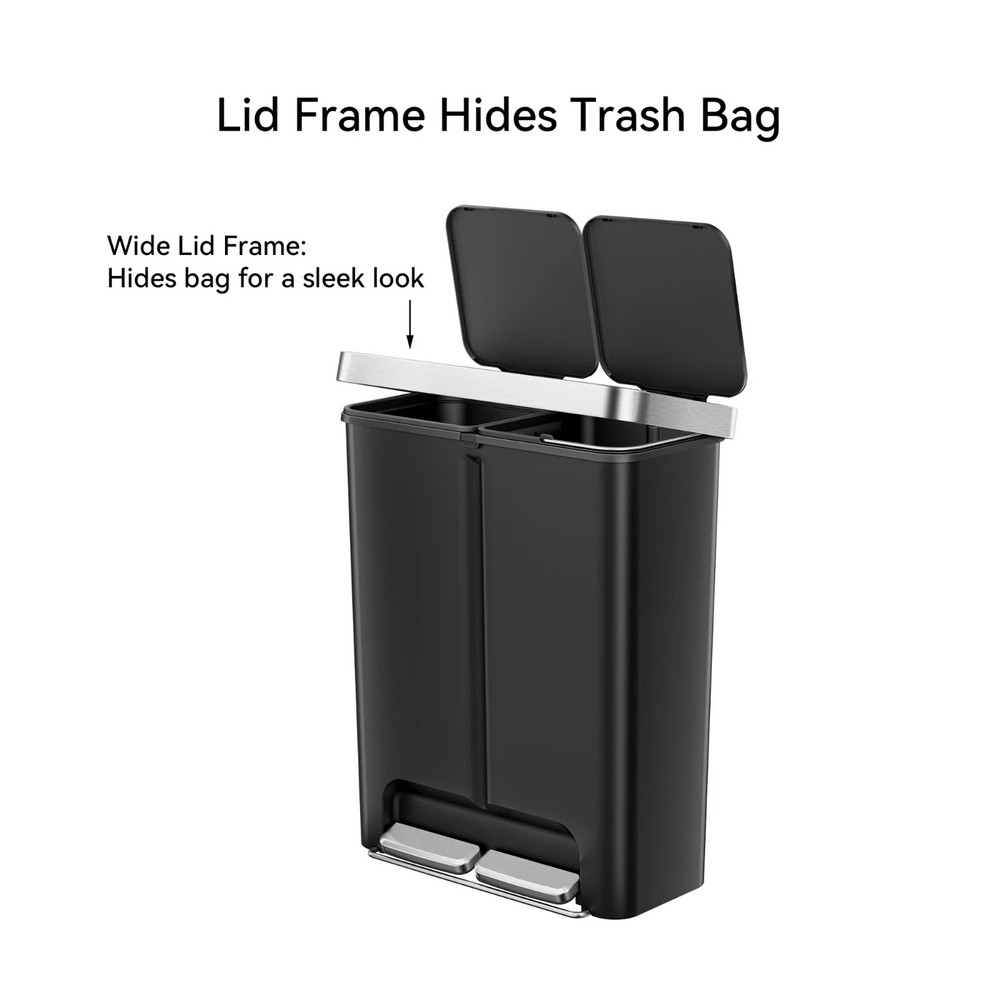 Kitchen Recycle Trash Can, 16 Gallon Plastic Dual Compartment Step Garbage Bin