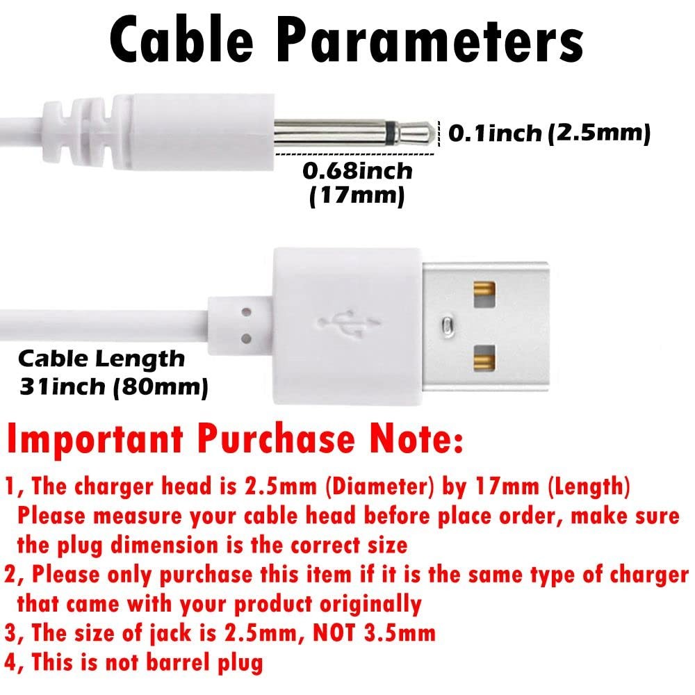 Replacement DC Charging Cable USB to 2.5mm Jack Power Cord White 2.7ft 2 Pk