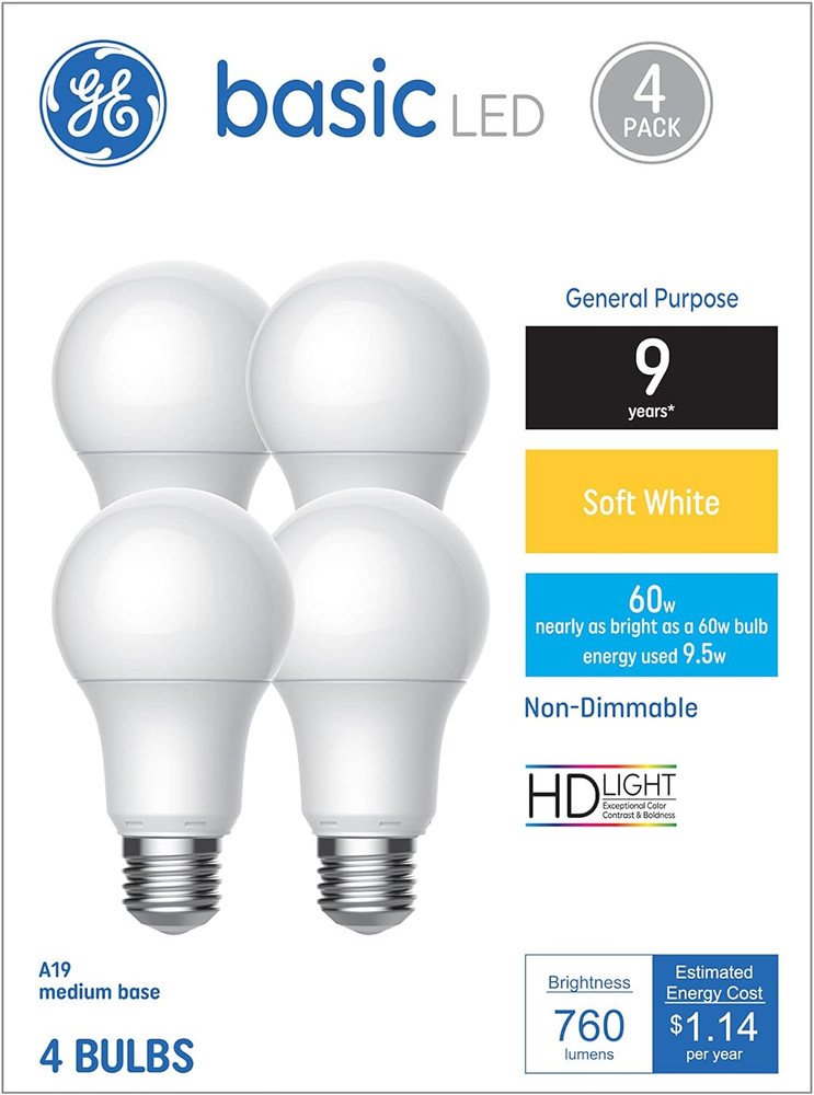 GE Basic Light Bulbs, 60 Watt, Soft White, A19 (4 Pack)