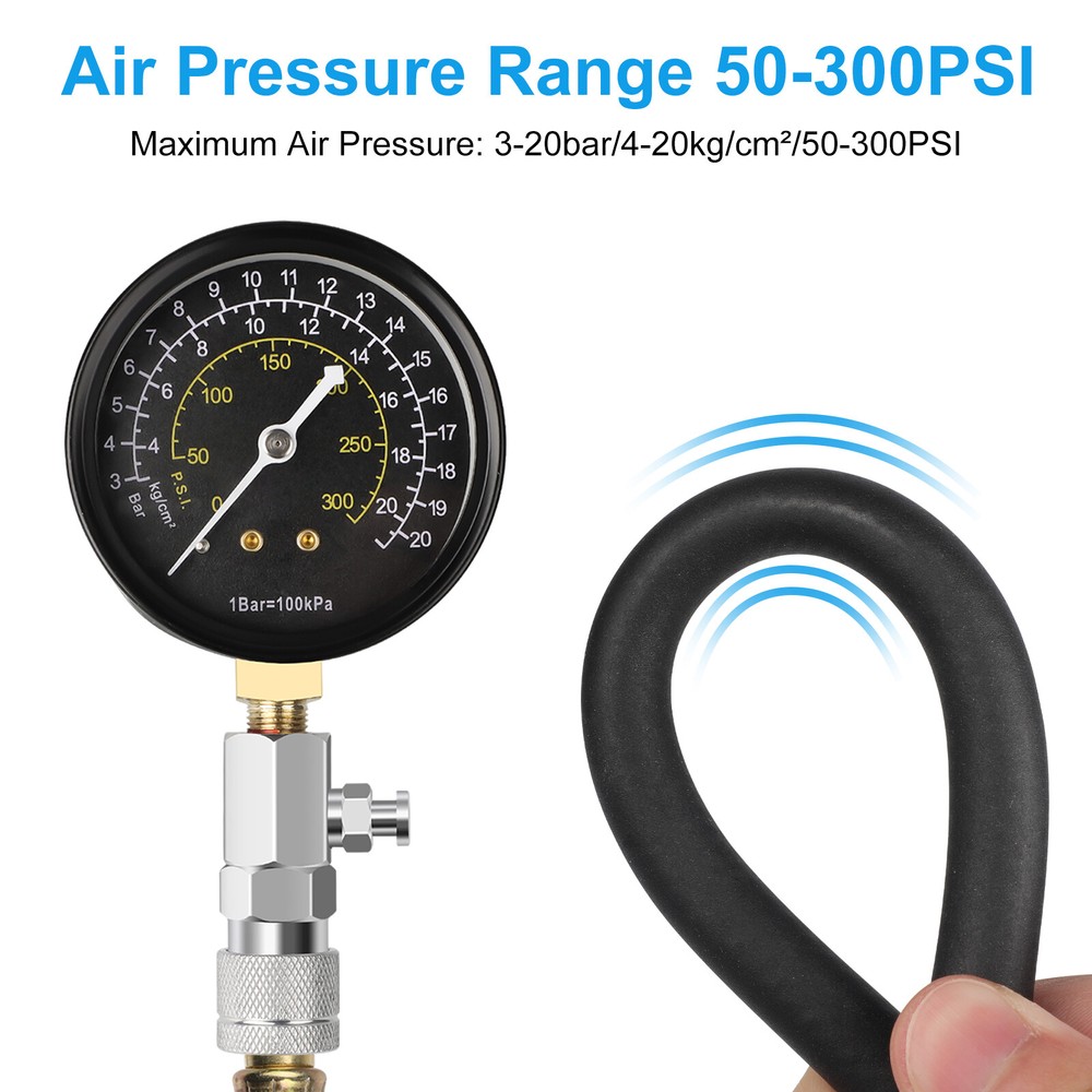 Triple Calibration Engine Compression Tester Gauge Hose & Adapters Kit 0-300 PSI