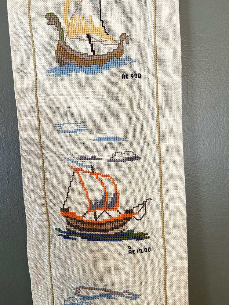 Vintage Hand Made Scandivanian Cross Stitch Bell Pull Linen Nautical Signed