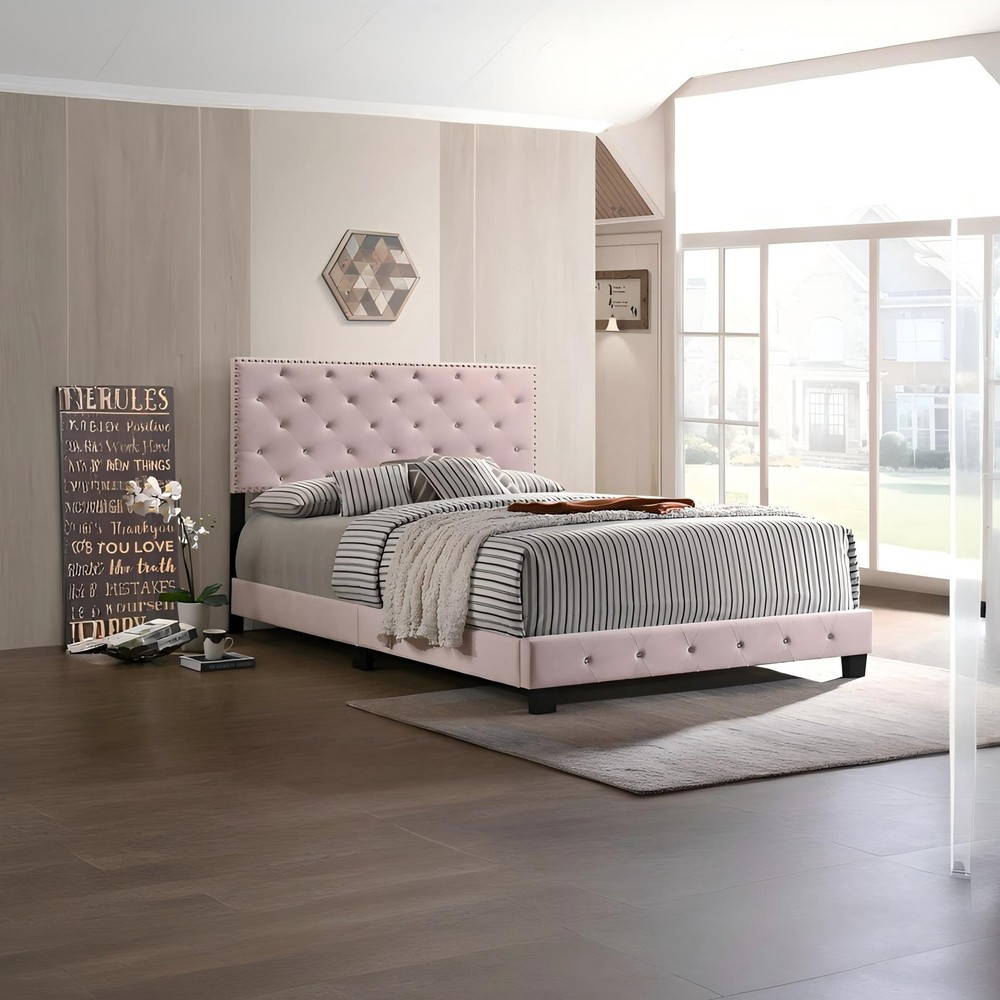 Charming Pink Transitional Queen Bed, Wooden Bed Frame with Headboard