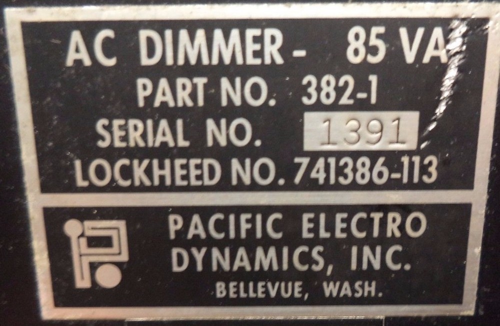 PACIFIC ELECTRO DYNAMICS AC DIMMER-85 VA PART NO 382-1
