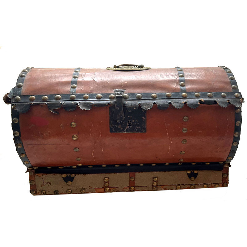 Rare Antique Leather Bound Log Trunk Brass Studs Hidden Compartment 19th Century