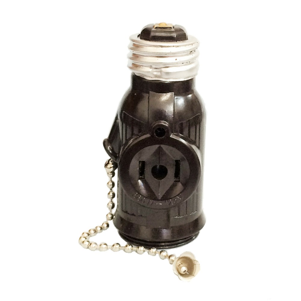 125 Volt, Two Outlet With Pull Chain Socket Adapter, Ivory And Black