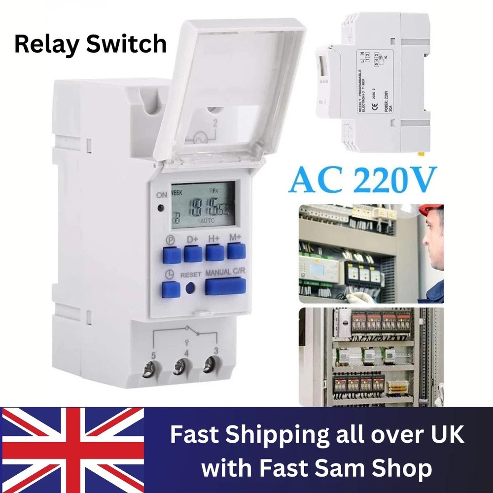 Programmable Digital LCD Time Relay Switch DIN Rail Control Timer (220V 15A) UK