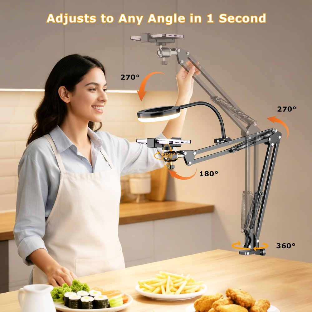 Overhead Camera Mount with Ring Light, Flexible Articulating Phone Arm Stand ...