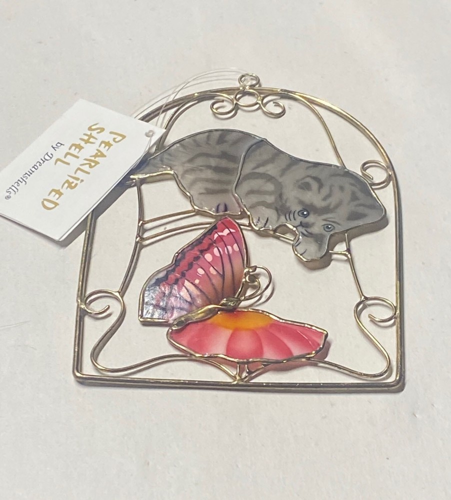 Pearlized Shell suncatcher kitten butterfly 4" x 5" oval