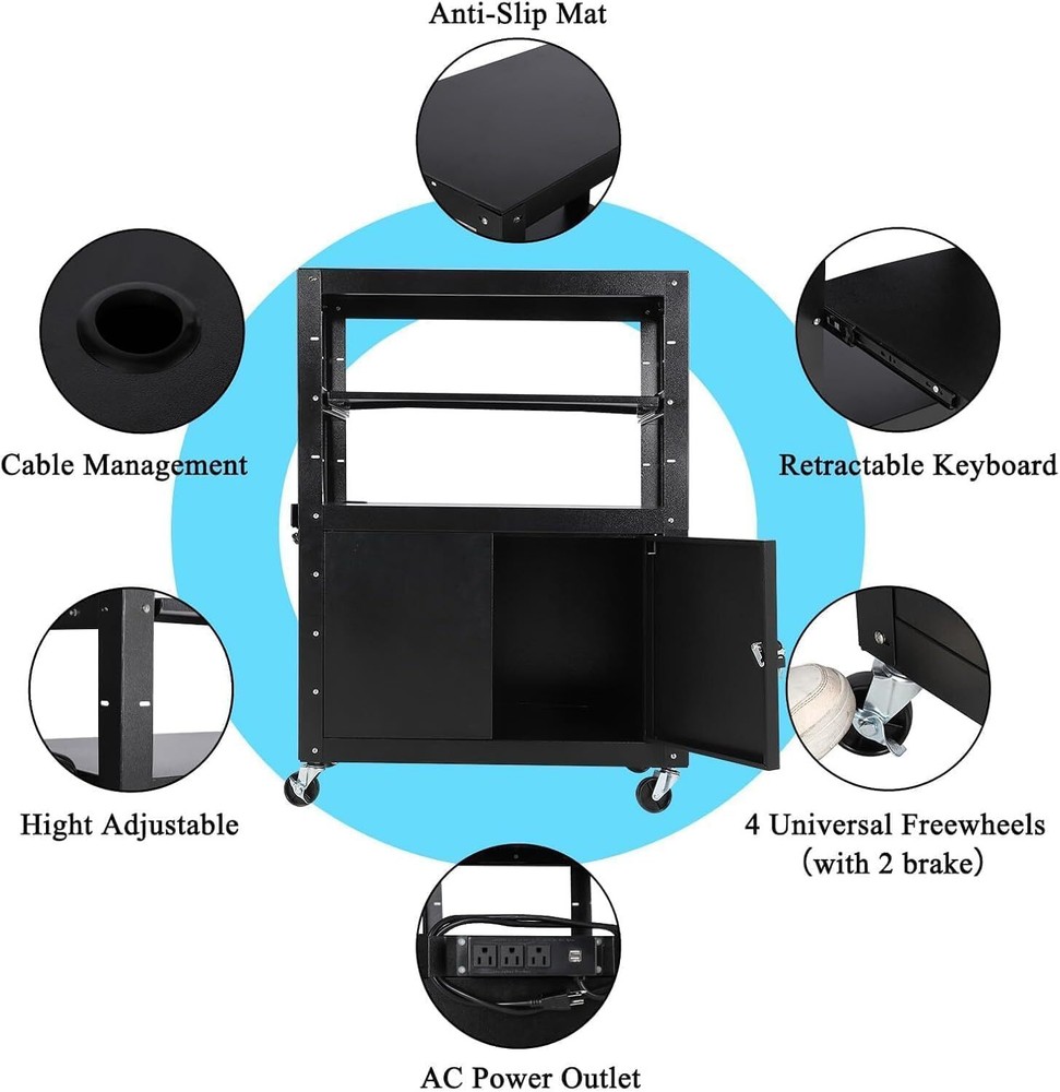 Rolling AV Cart with Extra Storage Adjustable Height Cart with Locking Cabinet