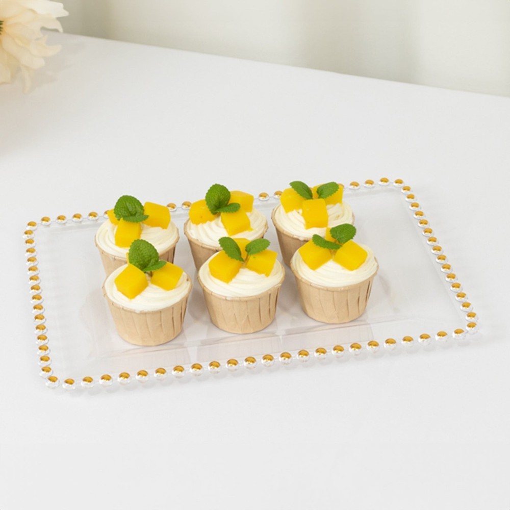 6 Clear with Gold Rectangular Acrylic Serving Trays with Gold Beaded Rim