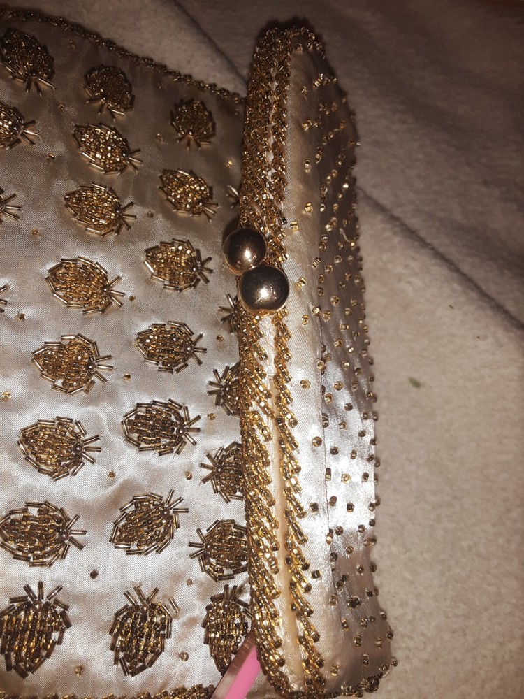 Vintage Gold Beeded Folding Clutch, Ball Snap, Silk material