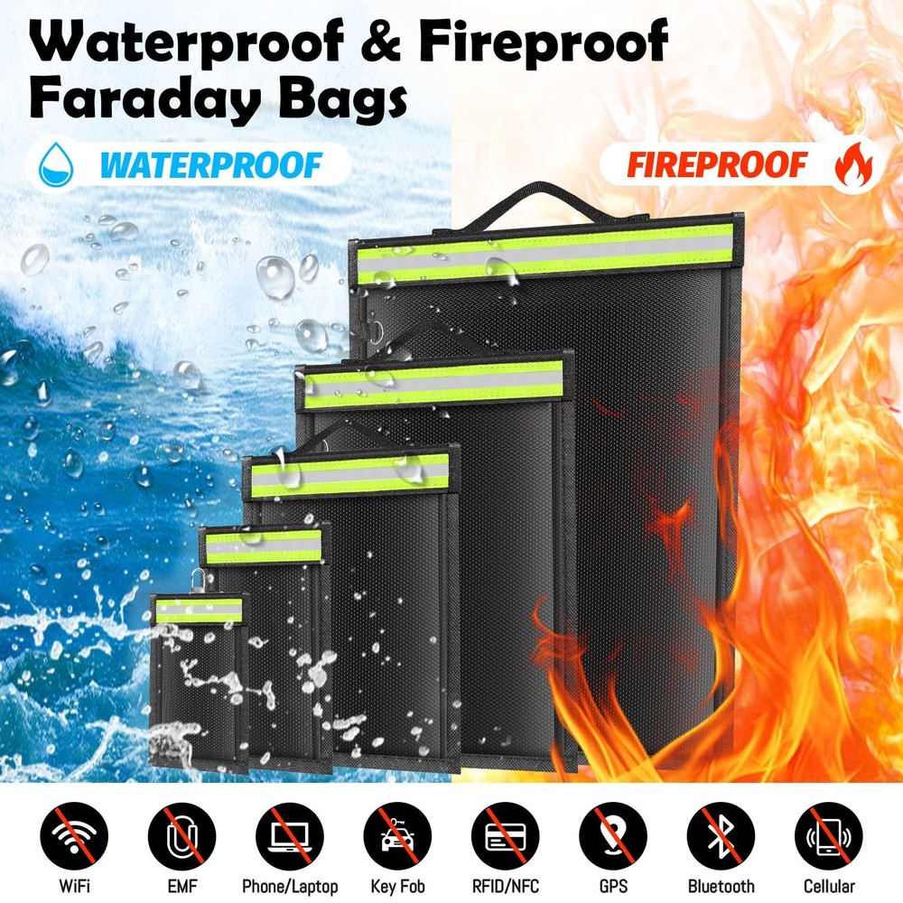 5 Pack Faraday Bags with Handle & Reflective Strip, 5 Pack, black