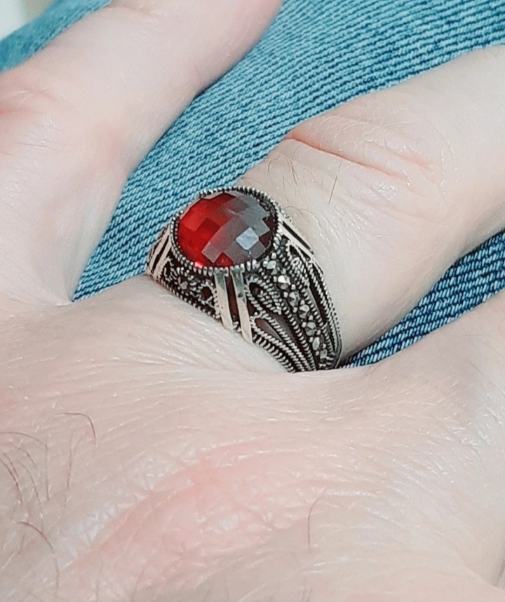 MENS 925 SILVER RING Red Tourmaline Solitaire Ruby Sterling Ring $