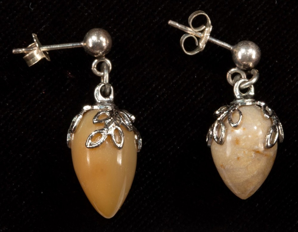 Sterling Silver Tan Stone Opal Shape Filigree Dangle Earrings Studs NEW