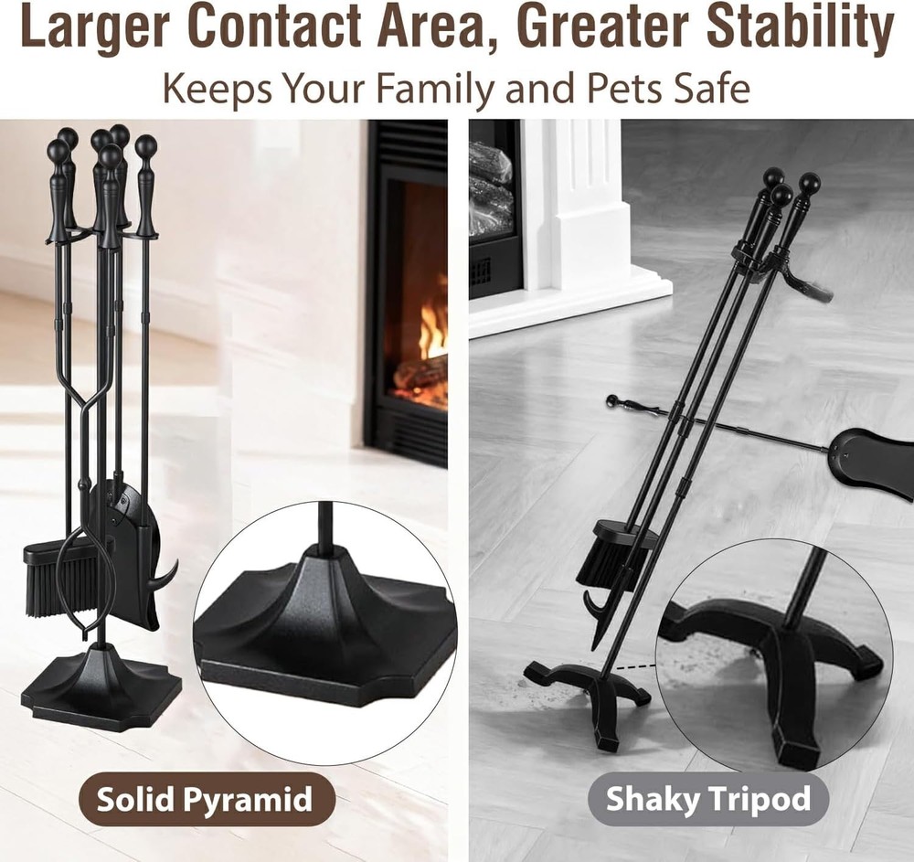 5 Pcs Fireplace Tools Set 31 Inch Indoor Black Handle Wrought Iron Large Fire...